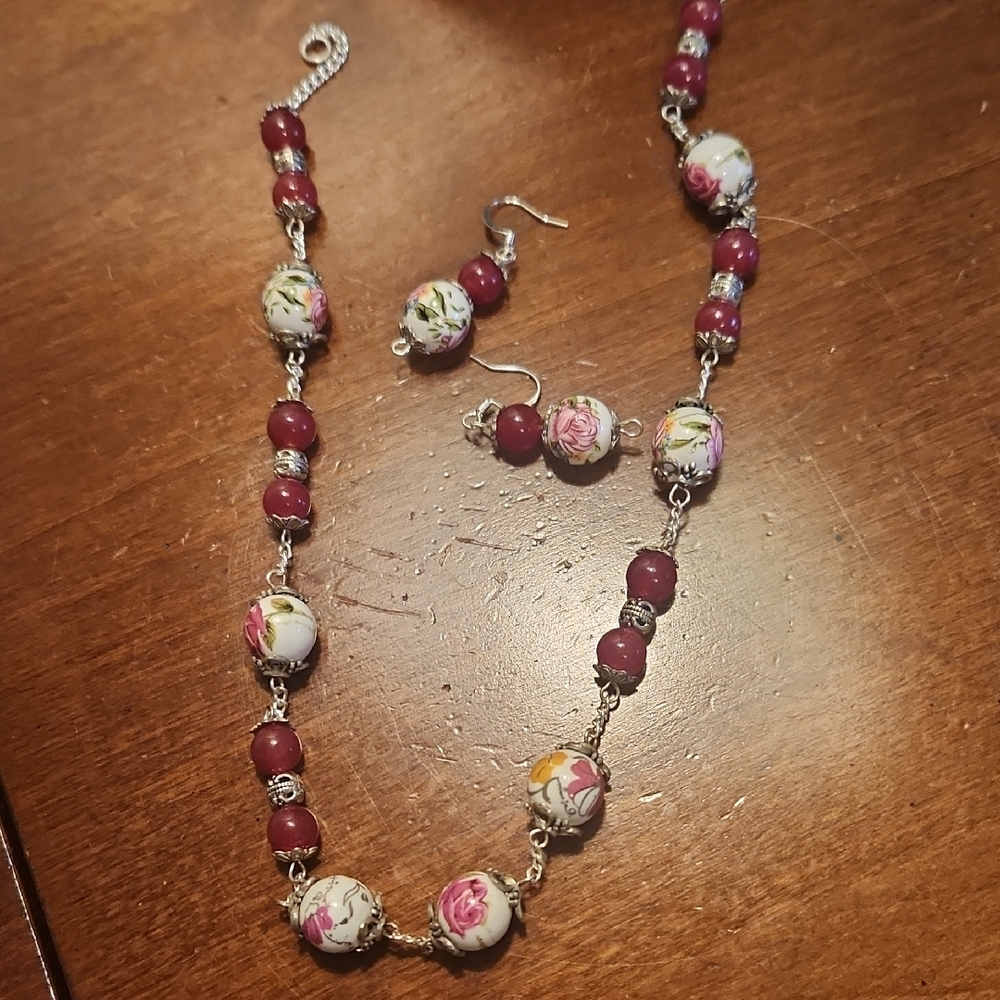 Floral Beaded Necklace and Earring Set